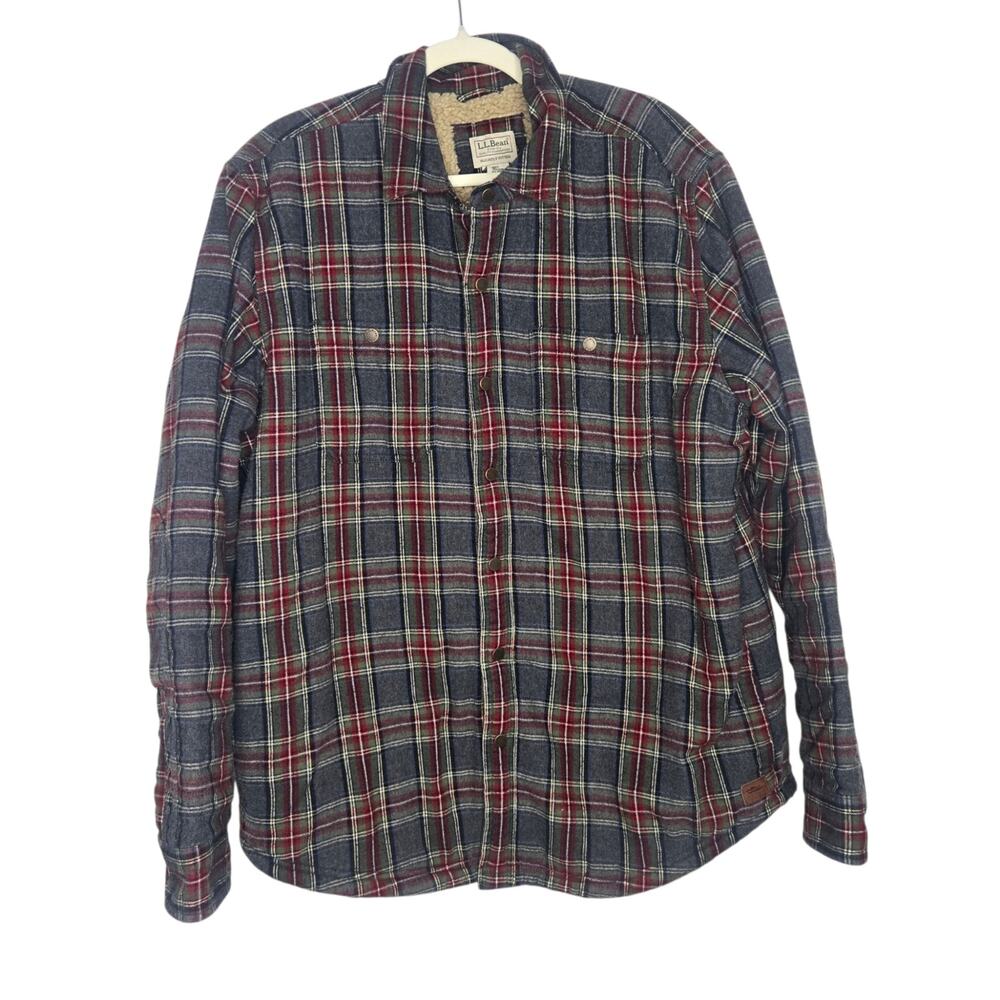 LL Bean Men Sherpa Lined Shacket Scotch Plaid Thick Rugged Warm Cozy Snap Large